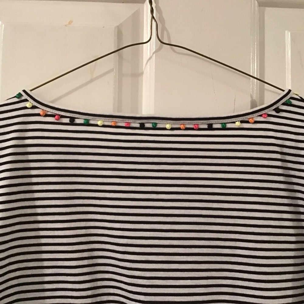 Talbots Navy & White Striped Short Pom Pom Trim Round Neck Women’s Tee Size L - Picture 4 of 5
